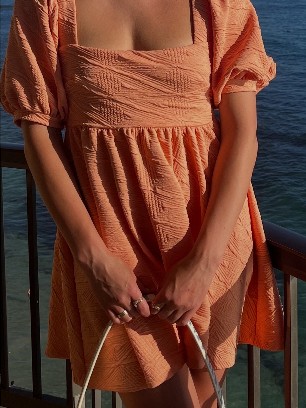 Women's Peach Textured Puff-Sleeve Mini Dress